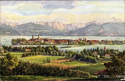Künstler Ak Marschall, V., Lindau am Bodensee Schwaben, Blick auf den Ort, Alpenpanorama
