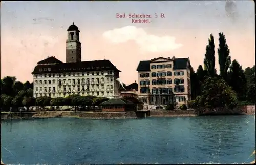 Ak Bad Schachen Lindau am Bodensee Schwaben, Blick zum Kurhotel vom Wasser aus