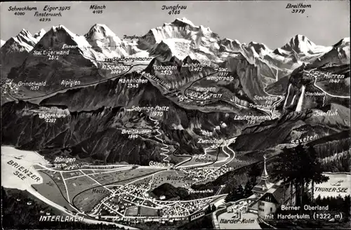Ak Interlaken Kanton Bern Schweiz, Übersichtskarte Berner Oberland mit Harderkulm