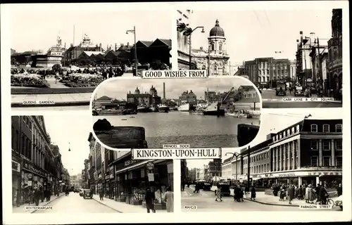 Ak Kingston upon Hull Yorkshire England, Princes Dock, Queens Gardens, City Square, Paragon St.