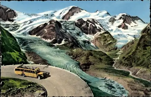 Ak Kanton Bern, Gebirge, Sustenstrasse, Steingletscher, Gwächtenhorn, Tierberge, Bus auf Bergstraße
