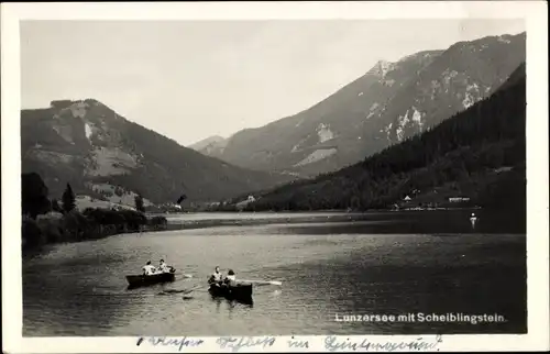 Ak Lunz am See Niederösterreich, Lunzersee, Scheiblingstein, Ruderboote, Panorama