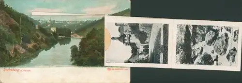 Rochsburg Lunzenau in Sachsen, Schlosshof Wehrgang mit Wächterturm, Landschaft, Bach