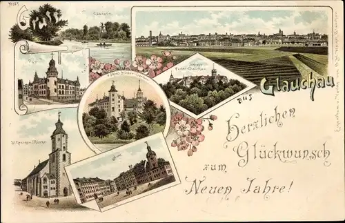 Litho Glauchau in Sachsen, Glückwunsch Neujahr, Post, St. Georgen Kirche, Markt, Schloss