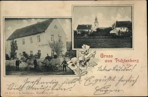 Ak Fichtenberg Mühlberg an der Elbe, Gasthaus, Kutsche, Kirche