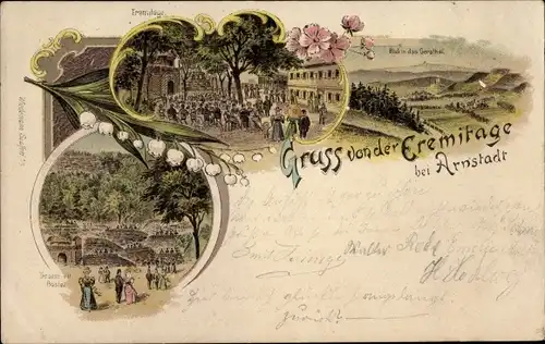 Litho Arnstadt in Thüringen, Gruß von der Eremitage, Terrasse mit Bastei