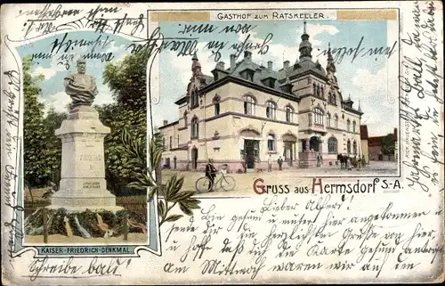 Litho Hermsdorf in Thüringen, Gasthof zum Ratskeller, Kaiser Friedrich Denkmal