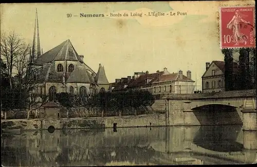 Ak Nemours Seine et Marne, Bords du Loing, L'Eglise, Le Pont