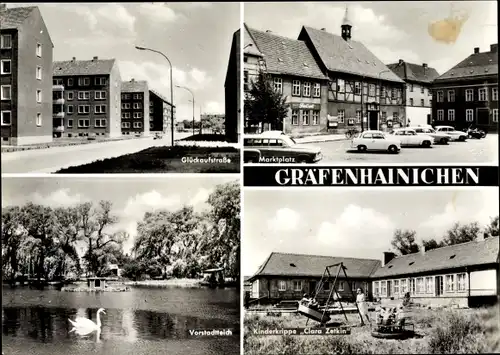 Ak Gräfenhainichen, Glückaufstraße, Marktplatz, Kinderkrippe Clara Zetkin, Teich