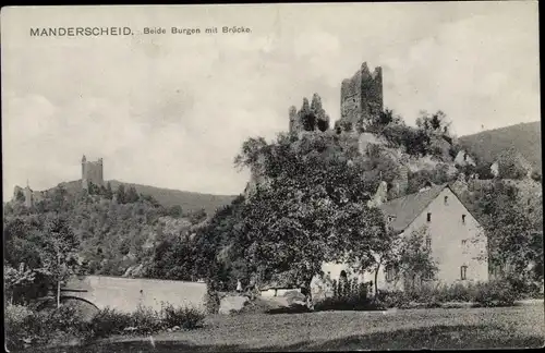 Ak Manderscheid in der Eifel Rheinland Pfalz, Beide Burgen mit Brücke