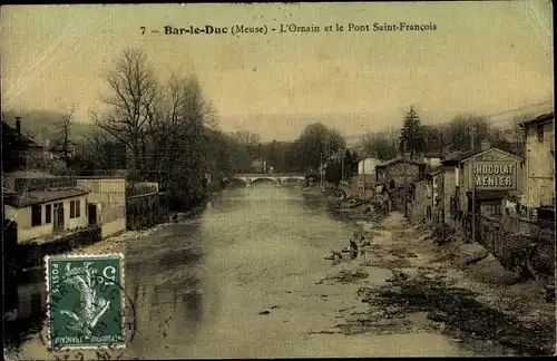 Ak Bar le Duc Meuse, L'Ornain et le Pont Saint Francois, Chocolat Menier