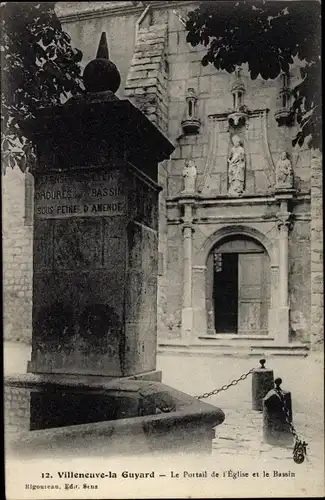 Ak Villeneuve la Guyard Yonne, L´Église et le Bassin