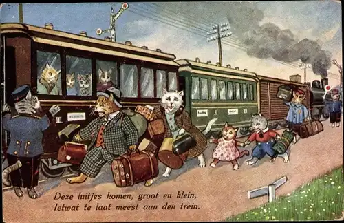 Ak Vermenschlichte Katzenfamilie eilt zum Bahnhof