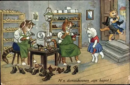 Ak Vermenschlichte Katzen, Schuster, dansschoenen zijn kapot