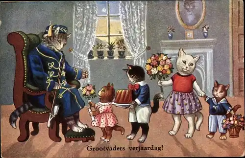 Ak Glückwunsch Geburtstag, Vermenschlichte Katzen, rauchender Kater, Gratulanten