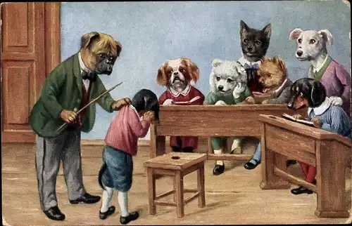 Künstler Ak Hundeschule, Lehrer, Dackel, Vermenschlichte Hunde