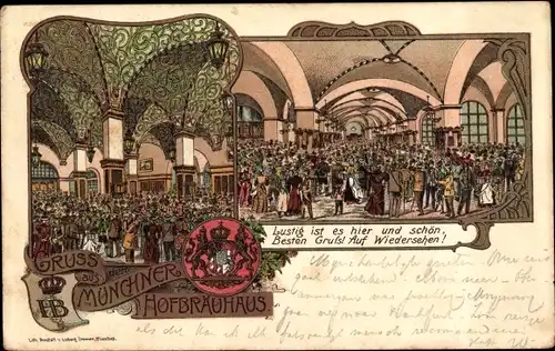 Litho München Bayern, Hofbräuhaus, Innenansicht