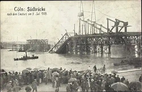 Ak Köln am Rhein, Südbrücke, Einsturz 9. Juli 1908, Union Dortmund, Schaulustige