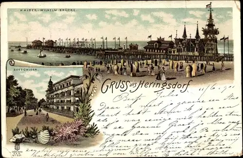 Litho Ostseebad Heringsdorf auf Usedom, Kaiser Wilhelm Brücke, Seeschloss