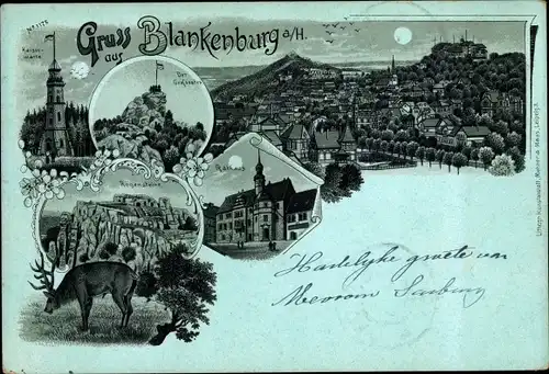 Mondschein Litho Blankenburg am Harz, Rathaus, Kaiserwarte, Blick auf den Ort