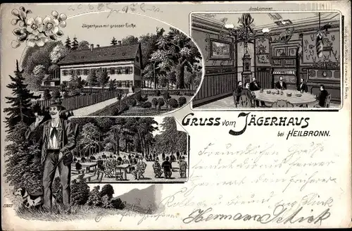 Litho Heilbronn am Neckar, Gasthaus Jägerhaus, Jagdzimmer, große Eiche