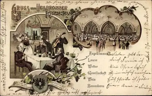 Litho Heilbronn am Neckar, Rathauskeller, Tanzsaal, Wappen, Männertisch