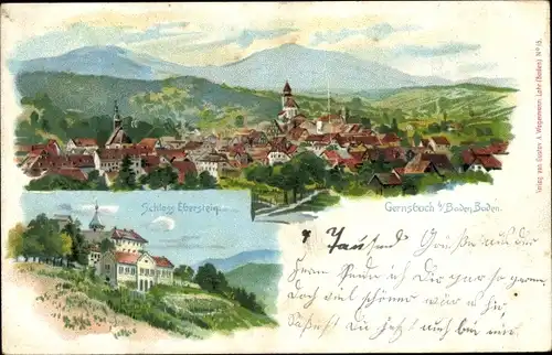 Litho Gernsbach im Murgtal Schwarzwald, Gesamtansicht, Schloss Eberstein