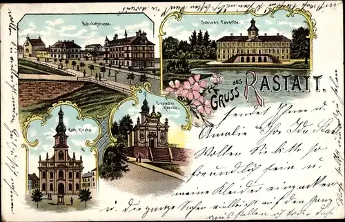 Litho Rastatt im Schwarzwald, Bahnhofstraße, Schloss Favorite, Katholische Kirche