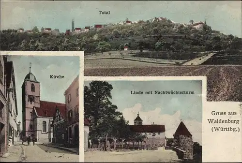 Ak Waldenburg in Württemberg, Gesamtansicht, Kirche, Linde, Nachtwächterturm