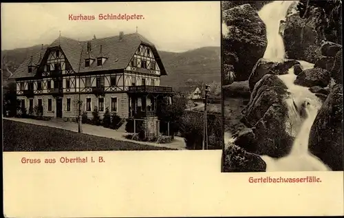 Ak Oberthal Bühlertal im Schwarzwald Baden, Kurhaus Schindelpeter, Gertelbachwasserfälle