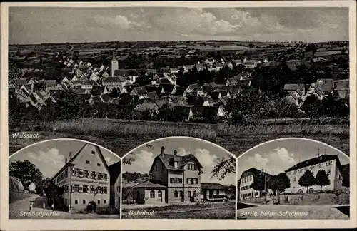 Ak Weissach in Württemberg, Gesamtansicht, Straßenpartie, Bahnhof, Schulhaus