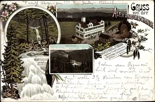 Litho Freudenstadt im Nordschwarzwald, Sankenbacher Wasserfälle, Gasthaus zur Alexanderschanze