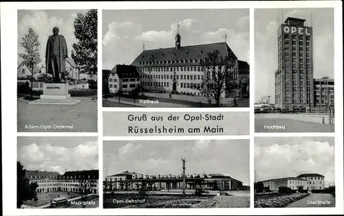 Ak Rüsselsheim Main, Adam Opel Denkmal, Rathaus, Opel Bahnhof, Opel Hochbau, Stadthalle, Marktplatz