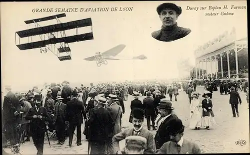 Ak Grande Semaine d'Aviation de Lyon, Duray sur Biplan H. Farman, moteur Gnome