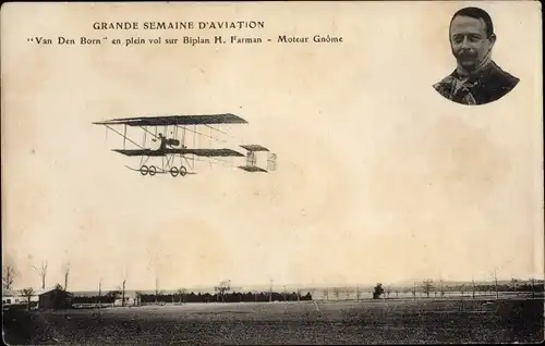 Ak Grande Semaine d'Aviation, Van den Born en plein vol sur Biplan H. Farman, Moteur Gnome