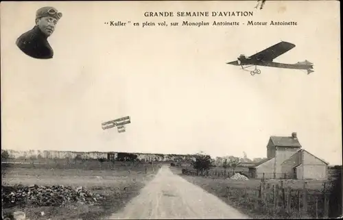 Ak Grande Semaine d'Aviation, Kuller en plein vol, sur Monoplan Antoinette, Moteur Antoinette