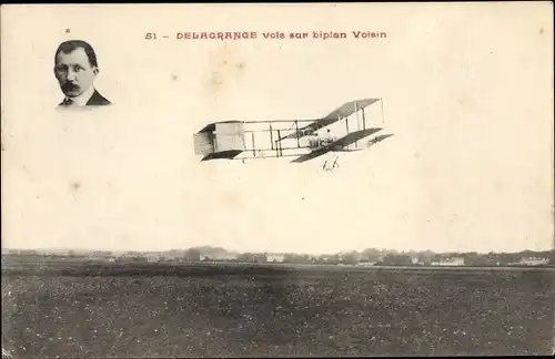 Ak Delagrange vole sur biplan Voisin, Aéroplane, Biplan, Aviateur, Pilot, Flugpionier