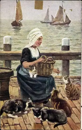 Künstler Ak Gerstenhauer, J. G., Mädchen in niederländischer Tracht füttert Katzen