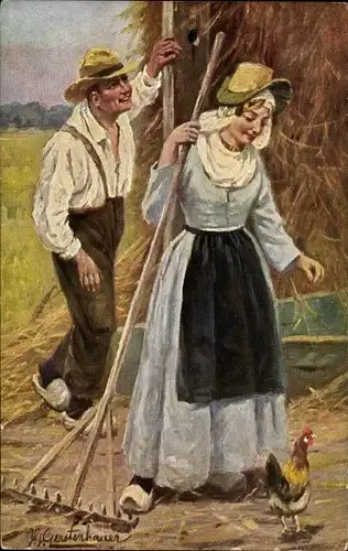 Künstler Ak Gerstenhauer, J. G., Bauern, Harke, Huhn, Niederländische Tracht, Landwirtschaft