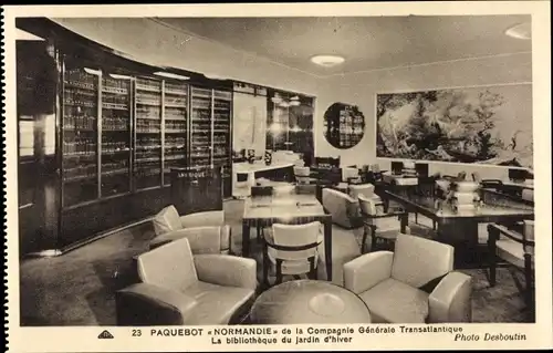 Ak Paquebot Normandie de la CGT, French Line, La bibliotheque du Jardin d'hiver