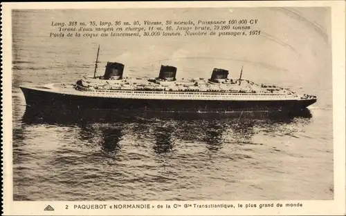 Ak Dampfer, Dampfschiff, Paquebot Normandie de la CGT, French Line