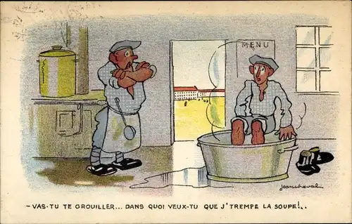 Künstler Ak Französische Soldaten, Soldatenleben, Mann beim Baden, Koch, Kochlöffel