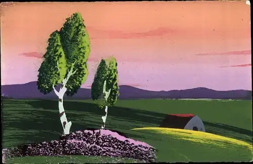 Handgemalt Ak Landschaft mit Bäumen und Haus