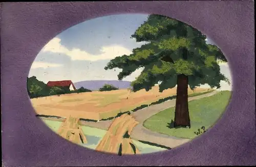 Handgemalt Ak Landschaft mit Baum und Feld