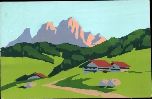 Handgemalt Ak Landschaft mit Häusern, Gebirge