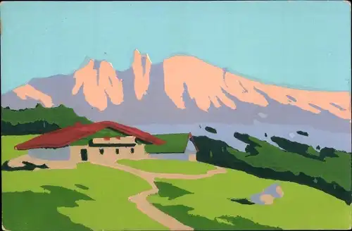 Handgemalt Ak Landschaft mit Häusern, Gebirge