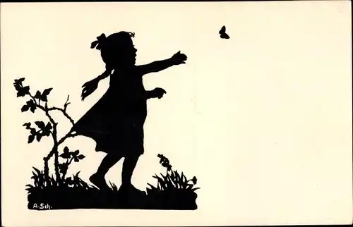 Scherenschnitt Künstler Ak Mädchen, Schmetterling, Wiese