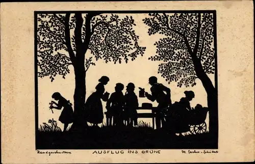 Scherenschnitt Ak Sachse Schubert, W., Ausflug ins Grüne