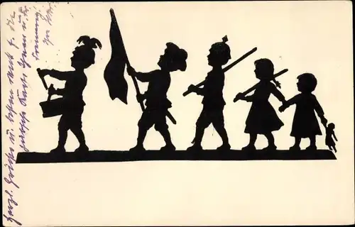 Scherenschnitt Ak Kinder, Spielzeuge, Trommel, Fahne