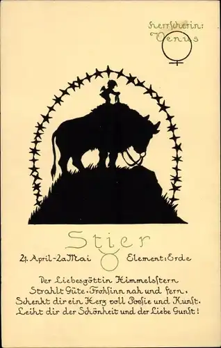 Scherenschnitt Ak Sternzeichen Stier, Taurus, 21. April bis 20. Mai